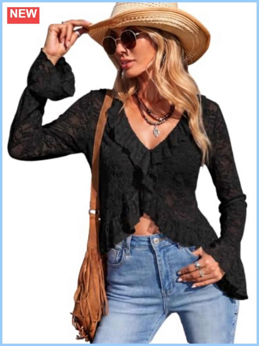 Sheer Lace Crop Top Open Front Bell Sleeve Blouse